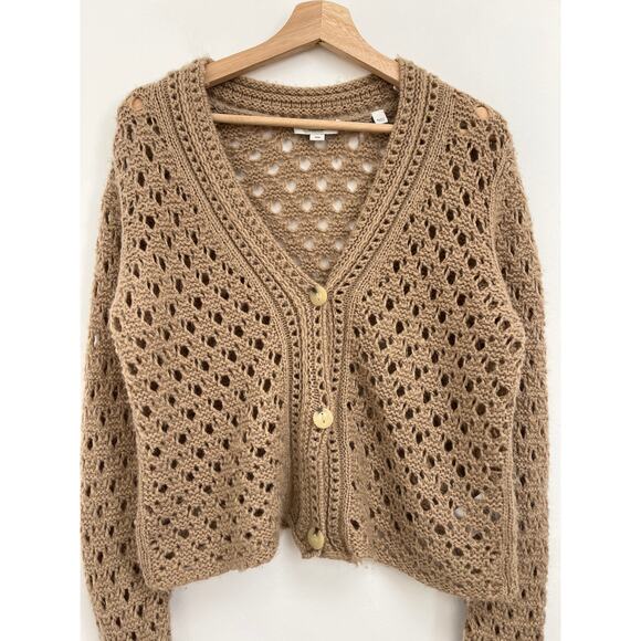 VINCE. Crochet Open Knit Wool Cashmere Luxury Cardigan Amber Light - Medium - Picture 3 of 10